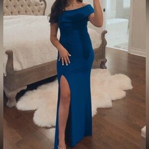 Elegant Blue Women's off shoulder evening gown